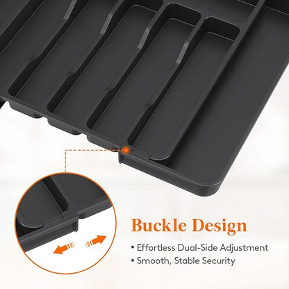 Lifewit Expandable Silverware Drawer Organizer for Kitchen, Adjustable Utensil Tray, BPA Free Plastic Flatware and Cutlery Holder for Spoons Forks Knives, 12.2"-18.9" x 13.8", Black