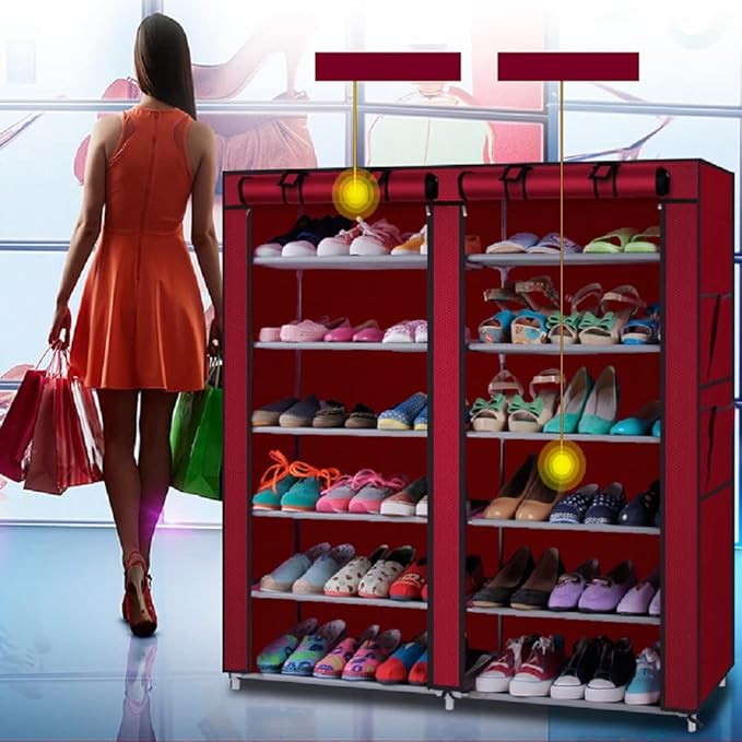 LIKOVSCI 6 Tier 36-Pairs Shoe Rack Tool Free Easy Assembled Shoe Shelf Storage Organizer with Dustproof Nonwoven Fabric Cover (Wine Red, 6-Tier 2-Row)