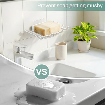 Bar Soap Holder for Shower Wall, Self Draining Plastic Bar Soap Dish Tray Container Case for Bathroom Sink, Adhesive Shower Soap Dish Holder Wall Mounted, White 2 Pack