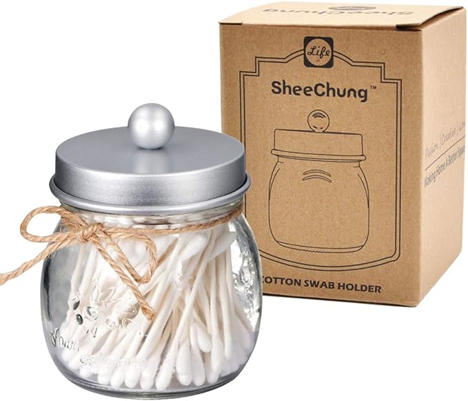 SheeChung 2 Pack Qtip Holder for Bathroom, Cotton Swab Holders, Cute Mason Jars Decor, Bathroom Decor and Accessories for Cotton Round Pads, Balls, Floss Pick - Frosted Silver