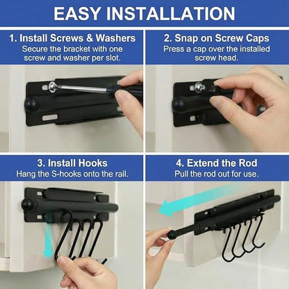 Valet Rod for Closet Pull Out, 12 Inch Retractable Slide Out Closet Rod with 4 Hooks, Heavy Duty Steel Extendable Adjustable Clothes Hanger Rod for Laundry Room, Wardrobe & Bathroom, Black