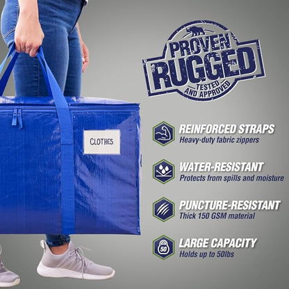 RUGGED RHINO Heavy Duty Extra Large Moving Bags, Durable Bag Strong Handles and Zipper, Moving Boxes Alternative for College Packing, Holiday Décor, Space Saving Storage with Label, 2 Pack Blue/Clear
