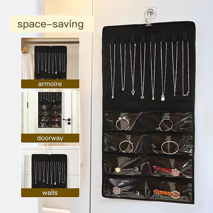 Double Sided Hanging Jewelry Organizer, 48 Pockets Clear Window Large Jewelry Hanging Organizer with Necklace Hanger, Wall/Door/Closet Stud Earring Bracelet Ring Storage