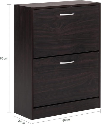 Haotian Narrow Shoe Cabinet for Entryway, Slim Freestanding Shoe Rack with 2 Flip-Drawers, Hidden Storage Shoe Organiazer Entrance Hallyway Mudroom, Brown, FSR110-K-BR (9.4" D x 23.6" W x 31.5" H)