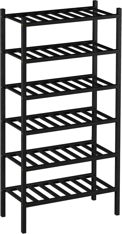 ROMGUAR CRAFT 6-Tier Bamboo Small Shoe Rack, Free Standing Wood Shoe Shelf Storage Organizer for Closet Entryway Stackable (Black)