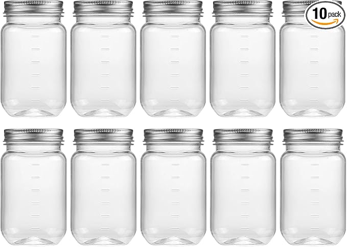novelinks 16 oz Clear Plastic Jars with Lids, Refillable 16oz Mason Jars with Lids & Storage Containers for Kitchen & Household Use (10 Pack,Silver)
