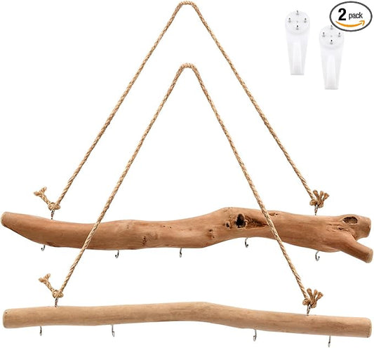 15Inch Driftwood Wall Hanging Jewelry Organizer - 2pcs Rustic Wood Tree-Shaped Wall Decor with 4/5 Hooks for Rustic, Boho & Farmhouse Home