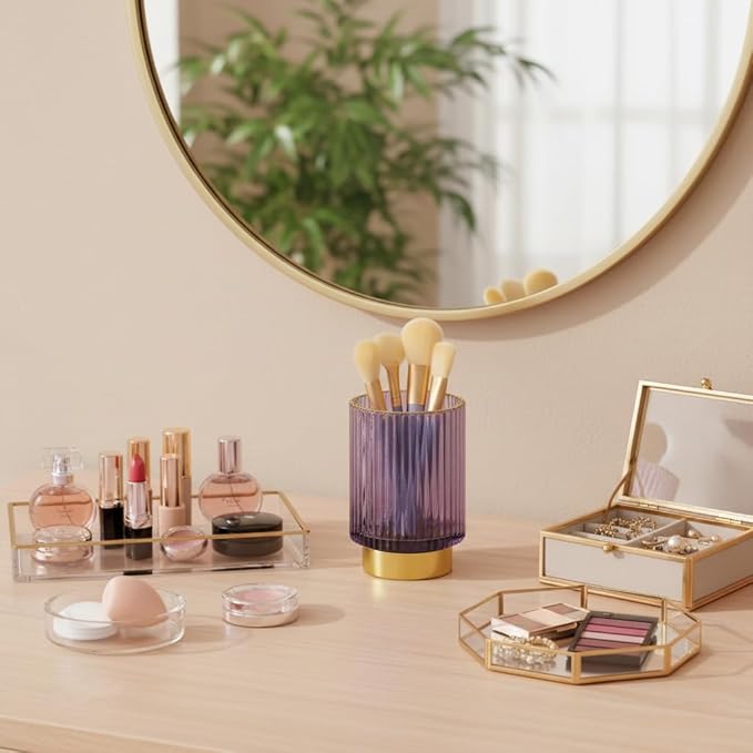 Glass Makeup Brush Holder, Purple Makeup Brush Holder for Vanity, Toothbrush Holders for Bathrooms, Desktop Makeup Organizer for Cosmetic, Brushes, Pen, Pencil