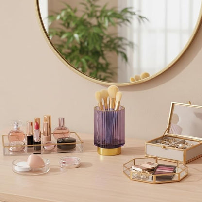 Glass Makeup Brush Holder, Purple Makeup Brush Holder for Vanity, Toothbrush Holders for Bathrooms, Desktop Makeup Organizer for Cosmetic, Brushes, Pen, Pencil