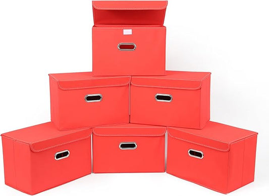 STOREONE Fabric Storage Cube Bins Foldable Organizer Container Collapsible Basket with Lids and Metal Handles, for Home, Bedroom, Closet 6 Pcs (Red)