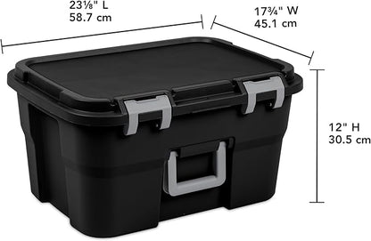 Sterilite 4 Pack Footlocker, 14 Gallon Plastic Storage Container with Latching Lid and Built-In Handles, Black - Large Stackable Bin Home Organizer