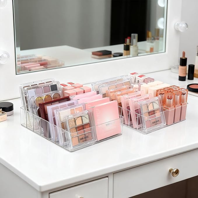 2 Pack Makeup Organizer for Eyeshadow Palette and Lipstick Organizer, 7 Section Divided Makeup Palette Organizer for Lipstick Highlighter, Skincare Cosmetic Display Cases for Bathroom