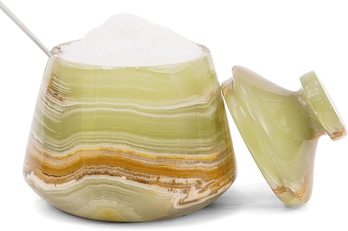 Marble Salt Cellar with Lid Green 3 Inches Salt Holder Seasoning & Spice Jar with Spoon Container, Modern Salt Keeper for Kitchen Countertop, 3 OZ Capacity