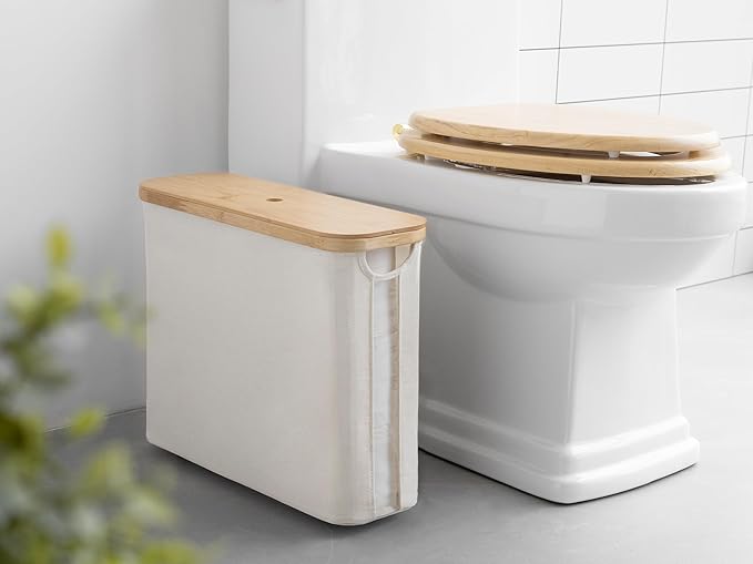 StorageWorks Toilet Paper Storage with Bamboo Lid, Toilet Paper Holder Basket for Up to 9 Mega or 12 Regular Size Rolls, Medium Paper Storage Baskets for Bathroom, Beige, 1 Pack