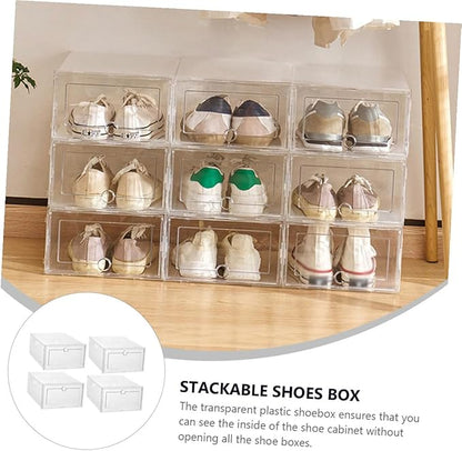 4pcs Transparent Shoe Storage Boxes Stackable Sneaker Organizer Container with Convenient Cover for High Heels Boots and Item Storage