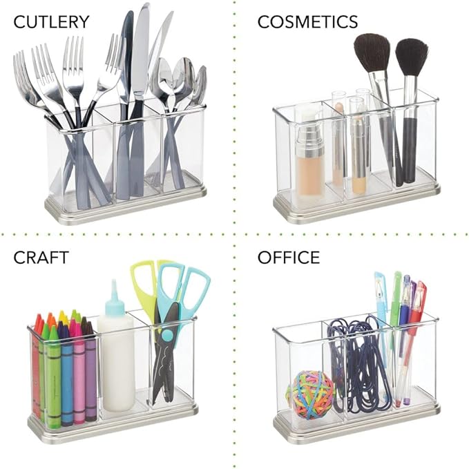 mDesign Plastic Cutlery Utensil Holder Storage Organizer Caddy for Kitchen Countertop Organization - Holds Fork, Knife, Spoon, Silverware - 3 Divided Sections - Hyde Collection - Clear/Brushed