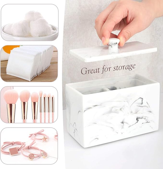 Luxspire Cotton Swab Holder, Qtip Holder Dispenser with Lid, 2 Compartments Cotton Ball Organizer, Bathroom Container for Cotton Round, Floss, Marble Bathroom Accessories - Ink White