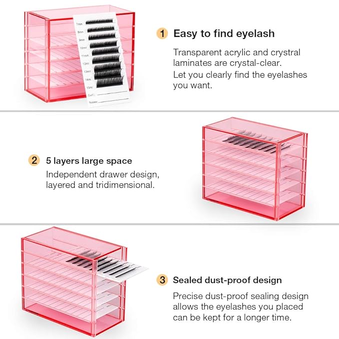Red Acrylic 5 Layers clear Eyelash Storage Box, Makeup Display Container, Eyelashes Holder Case Grafting, Eyelash Transparent Box Extension Tool