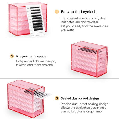 Red Acrylic 5 Layers clear Eyelash Storage Box, Makeup Display Container, Eyelashes Holder Case Grafting, Eyelash Transparent Box Extension Tool