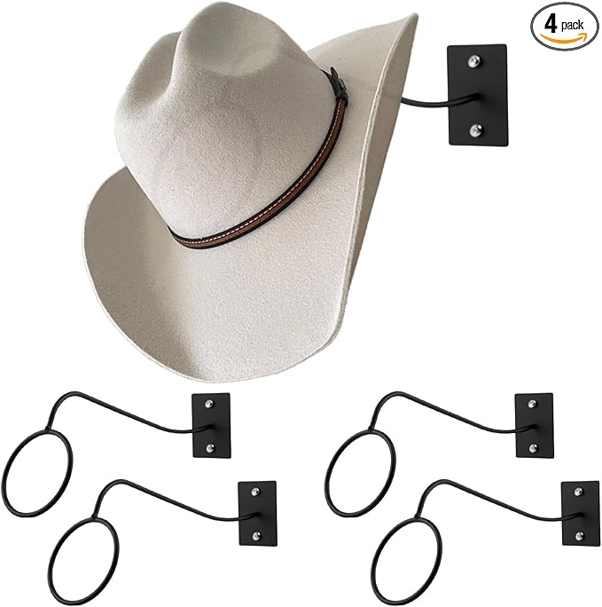 4 Pack Cowboy Hat Rack for Wall, Wall Mount Metal Hats Organizer Storage for Cowboy Hat, Fedora, Sun Hats,Wide Brim