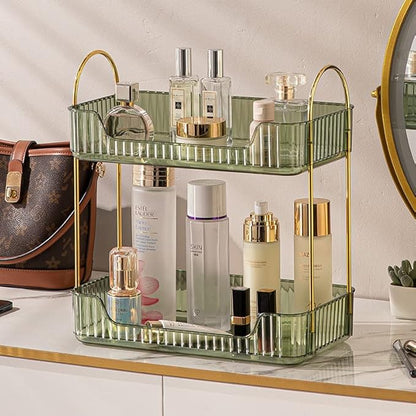shuang qing Bathroom Counter Organizer Countertop Storage, Cosmetics Skincare Shelf, Makeup Organizer Perfume for Dresser Vanity Tray, Spice Rack for Kitchen(2 Tier-Green)