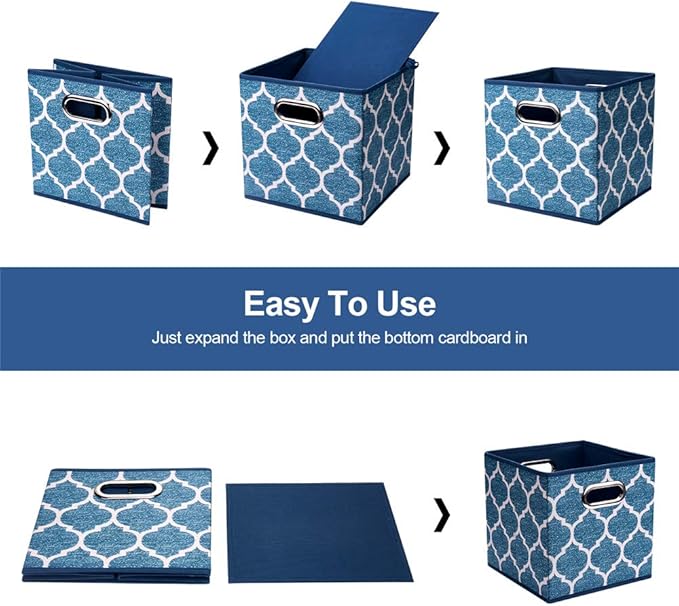 Square Fabric Cube Storage Bins 10.5x10.5 x 11In Blue Cloth Storage Cubes Baskets Foldable Storage Boxes Decorative Cubicle Strorage Inserts Cubes Drawer Organizer Closet,QY-SC09-6