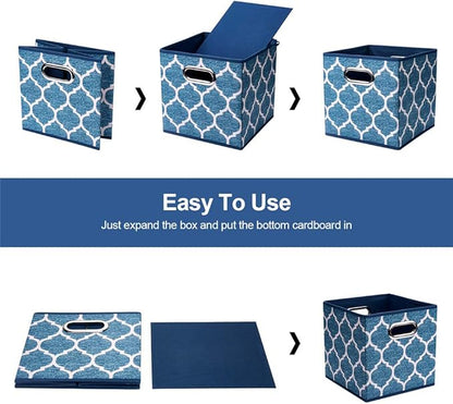 Square Fabric Cube Storage Bins 10.5x10.5 x 11In Blue Cloth Storage Cubes Baskets Foldable Storage Boxes Decorative Cubicle Strorage Inserts Cubes Drawer Organizer Closet,QY-SC09-6