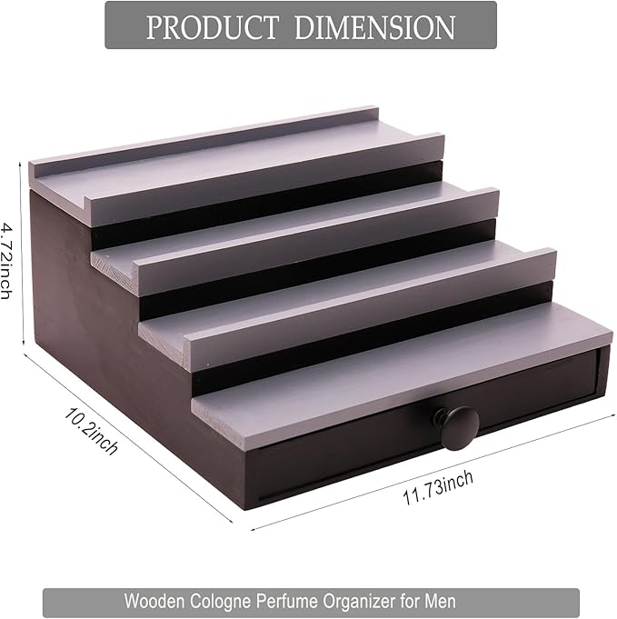 Black Grey Cologne Organizer for Men - 4 Tier Wooden Cologne Display Stand with Drawer and Hidden Compartment, Mens Cologne Perfume Holder Shelf for Organizing and Storing