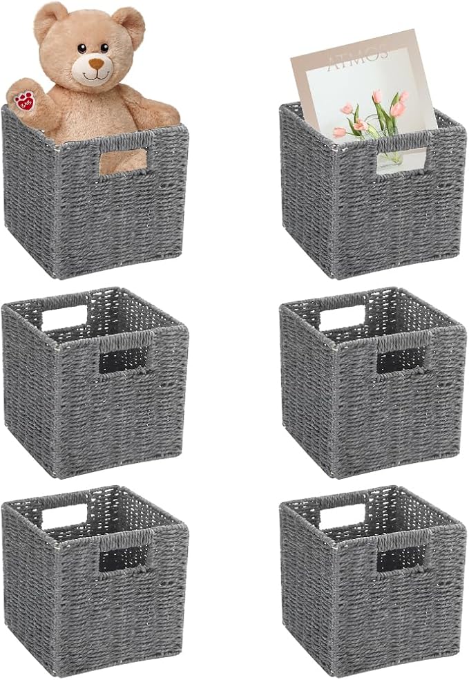 6 Pack 8.7 Inch Wicker Baskets, Hand Woven Paper Rope Storage Baskets, Foldable Cube Storage Bins Organizer Square Wicker Cubes for Shelves Pantry Organizing & Decor (Gray)