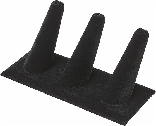 Plymor Black Velvet Ring Finger Display, Three on Rectangular Base, 4.875" W x 2.25" D x 2" H