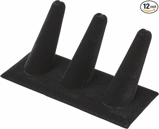 Plymor Black Velvet Ring Finger Display, Three on Rectangular Base, 4.875" W x 2.25" D x 2" H (Pack of 12)