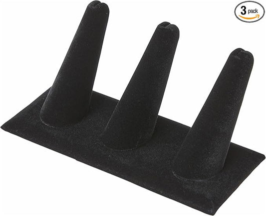 Plymor Black Velvet Ring Finger Display, Three on Rectangular Base, 4.875" W x 2.25" D x 2" H (Pack of 3)