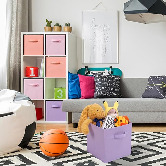 Stero Fabric Storage Bins 6 Pack Fun Colored Durable Storage Cubes with Fabric Handles Foldable Cube Baskets for Home, Kids Room, Closet and Toys Organization Purple, Pink, peachpuff