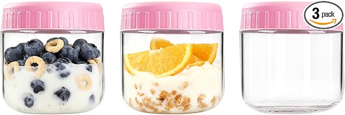 Overnight Oats Containers with Lids, 10oz Wide Mouth Mason Jars with Lids, 3 Pack Glass Jars with Airtight lid for Chia Pudding Yogurt Salad, Meal Prer Oatmeal Jars, Pink