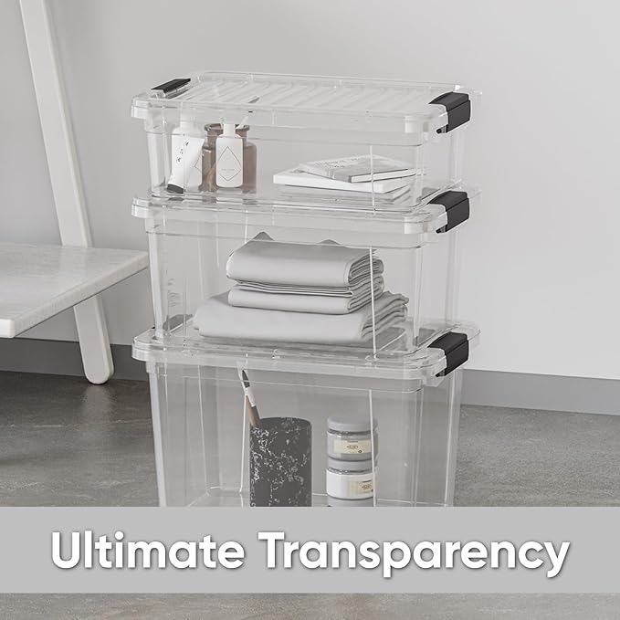 Superio Clear Storage Box with Lid, 26 Quart Plastic Container Bins for Organizing, Stackable Crates, BPA Free, Non Toxic, Odor Free, Organizers for Home, Office, School, and Dorm, 10 Pack