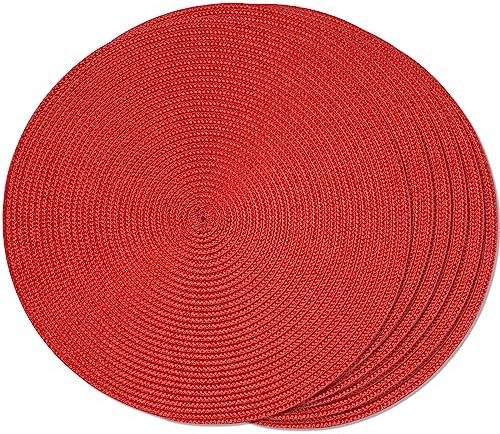 FunWheat Round Braided Placemats Set of 6 Table Mats for Dining Tables Woven Washable Non-Slip Place mats 15 inch (red, 6pcs) by FunWheat