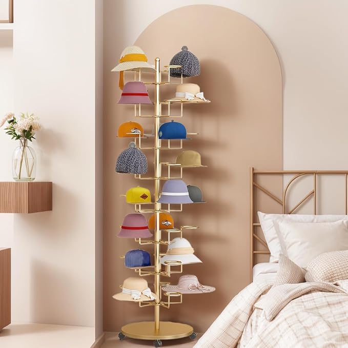 Standing Hat Rack Stand, Cowboy Hat Rack with 40 Hooks, 8 Tier Metal Hat Organizer Rack, Floor Hat Display Rack for Home Store Vendors(Gold,8 Tier)