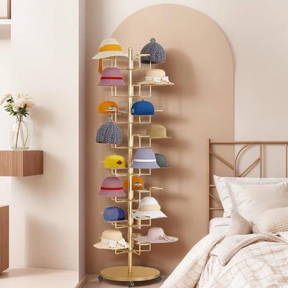 Standing Hat Rack Stand, Cowboy Hat Rack with 40 Hooks, 8 Tier Metal Hat Organizer Rack, Floor Hat Display Rack for Home Store Vendors(Gold,8 Tier)