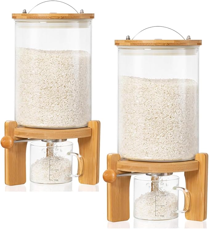 HBlife 5-7 Lbs Glass Rice Dispenser with Wooden Stand Flour and Cereal Container with Glass Measuring Cup Pantry Food Organization Storage Bin with Airtight Bamboo Lid, 3L (2 Pack)