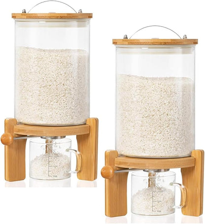 HBlife 5-7 Lbs Glass Rice Dispenser with Wooden Stand Flour and Cereal Container with Glass Measuring Cup Pantry Food Organization Storage Bin with Airtight Bamboo Lid, 3L (2 Pack)