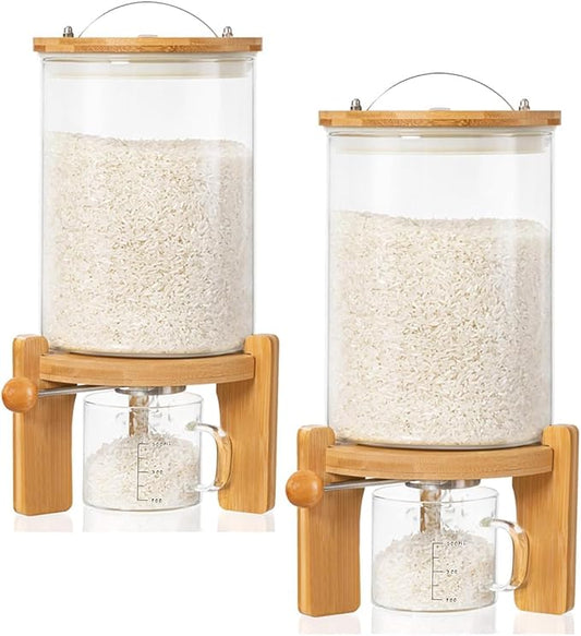 HBlife 5-7 Lbs Glass Rice Dispenser with Wooden Stand Flour and Cereal Container with Glass Measuring Cup Pantry Food Organization Storage Bin with Airtight Bamboo Lid, 3L (2 Pack)