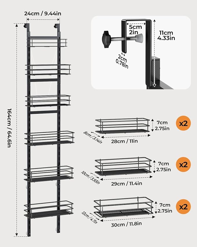 6-Tier Over the Door Pantry Organizer,Cabinet Door Organizer,Kitchen Pantry Door Organizers and Storage,Over the Door Spice Rack,Behind the Door Storage,Door Hanging Organizer,Black