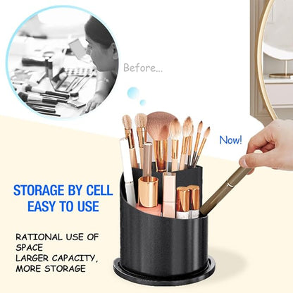 Makeup Brush Holder with Lid, 360 Rotating Multifunction Clear Dustproof Skincare Cosmetic Tools Storage Organizer for Vanity Desktop Bathroom Countertop (Black)