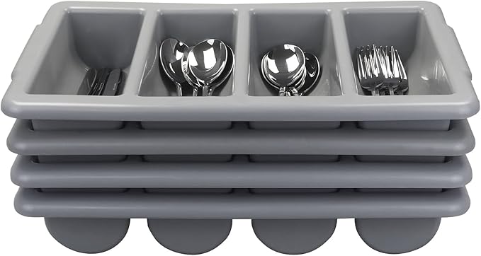 4-Pack Plastic 4-Compartment Cutlery Bin, Commercial Cutlery Holder, Gray