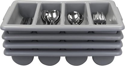 4-Pack Plastic 4-Compartment Cutlery Bin, Commercial Cutlery Holder, Gray