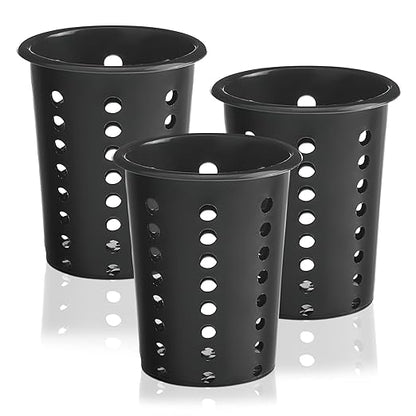 OCS Parts Perforated Utensil Drying Cups | Black | Set of 3 | Plastic Flatware Holder Cylinders for Kitchen Counter Organization
