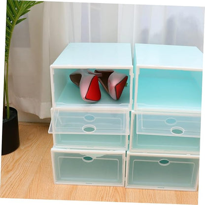 KOMBIUDA 6pcs Transparent Stackable Shoe Boxes with White Frame Plastic Shoe Storage Container for Women Thicken Design for Organized Closets and Entryways