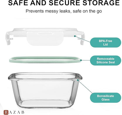 Razab 6 PC Square Glass Food Storage Containers with Airtight lids (74, 40 & 18 oz) Kitchen Glass Meal Prep Containers Set for Freezer Reusable Leftover Lunch Boxes, Oven, Microwave, Dishwasher Safe