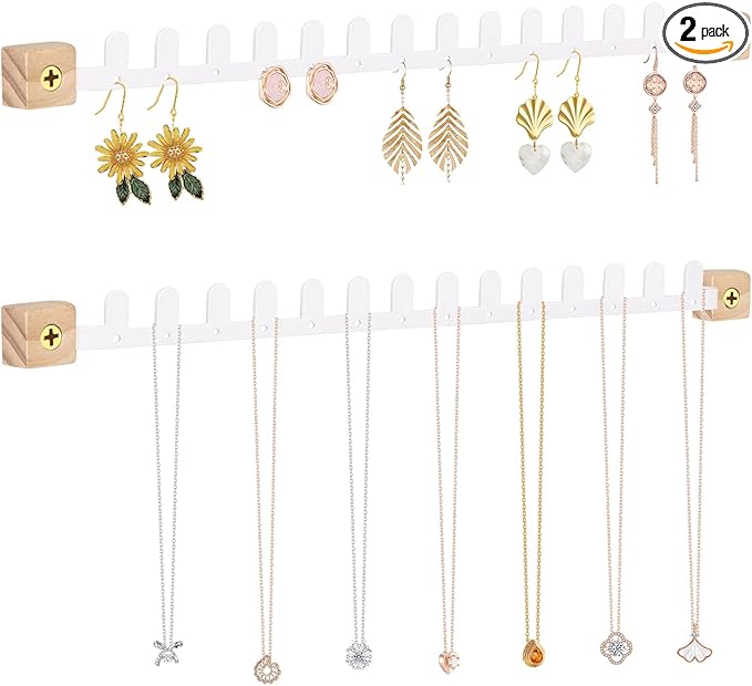 Wall Necklace Holder Hanging Jewelry Organizer 2 Pack Metal Necklace Organizer, Space-saving Jewelry Display for Necklaces & Earrings, Screws Included,White