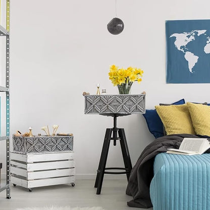 Macrame Storage Basket Boho Decor Baskets for Organizing Woven Decorative for Countertop Toilet Paper Basket for Tank Top for Home Decor Bedroom Nursery Livingroom Entryway (Set of 2,Grey)